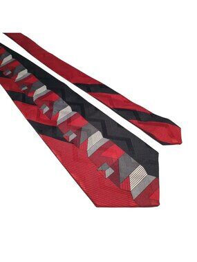 Jean Claude Niel Mens Geometric Necktie Red Black Gray Zigzag Design Silk 56 x 4
